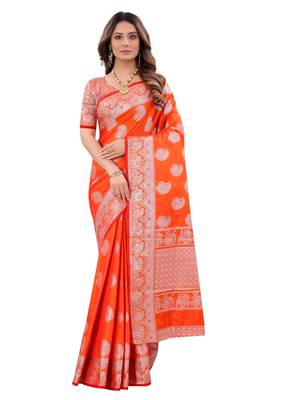 Orange woven art silk sarees saree with blouse 3