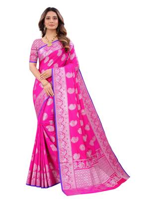 Pink woven art silk sarees saree with blouse 1