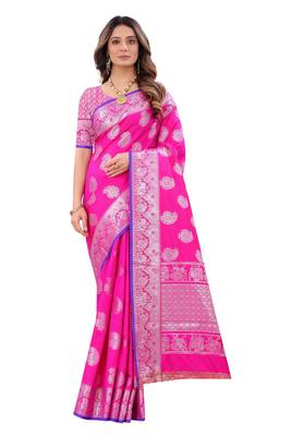 Pink woven art silk sarees saree with blouse 3
