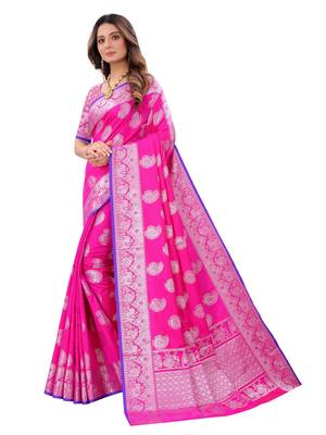 Pink woven art silk sarees saree with blouse 4