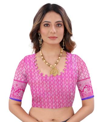 Pink woven art silk sarees saree with blouse 5