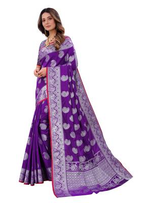 Purple woven art silk sarees saree with blouse 4