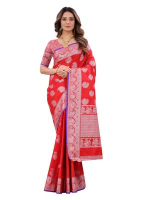 Red woven art silk sarees saree with blouse 3
