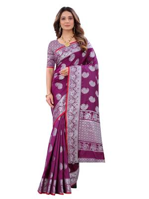 Wine woven art silk sarees saree with blouse 3