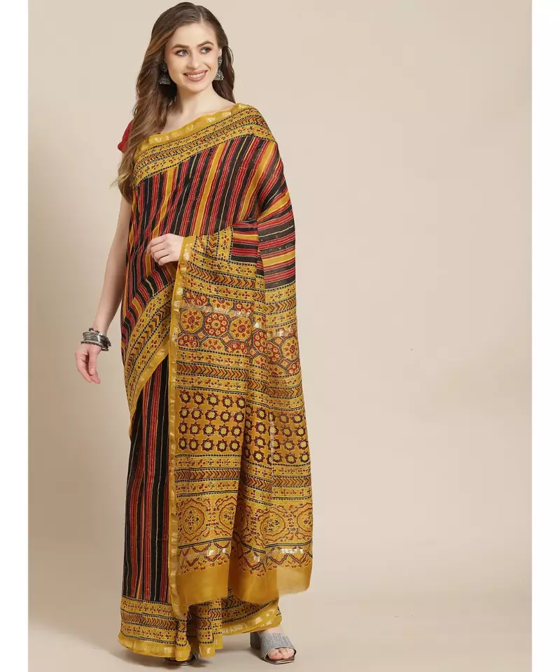 Ajrakh handcrafted on chanderi silk saree  with running blouse