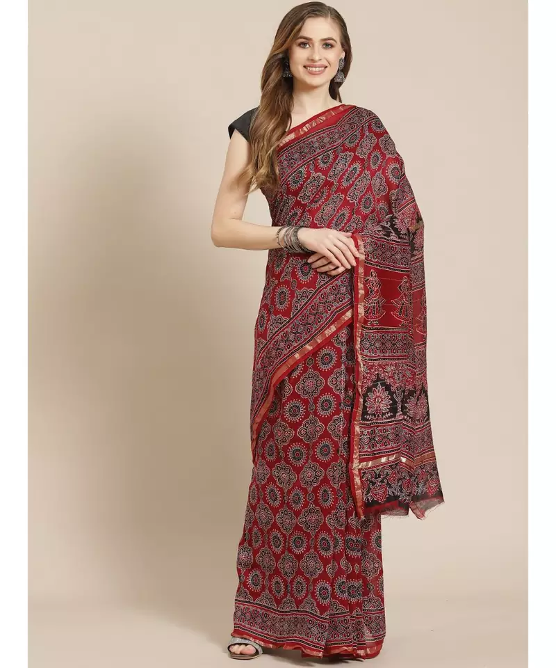 Ajrakh handcrafted on chanderi silk saree  with running blouse