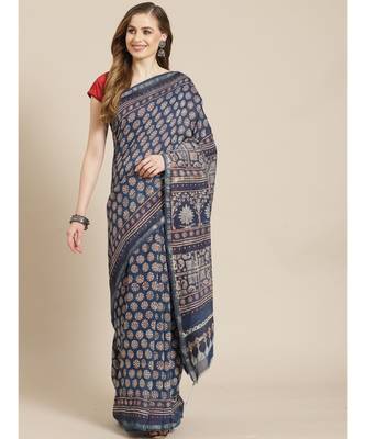 Ajrakh handcrafted on chanderi silk saree  with running blouse 1