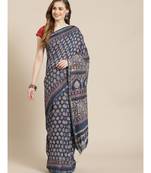 Ajrakh handcrafted on chanderi silk saree  with running blouse