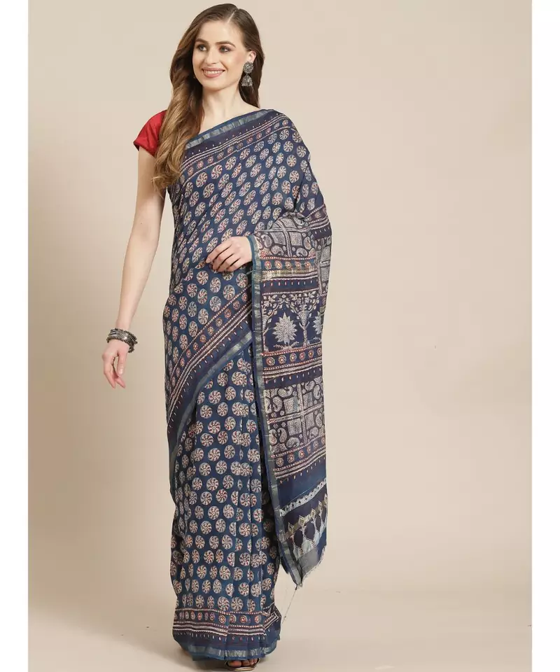 Ajrakh handcrafted on chanderi silk saree  with running blouse