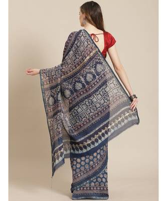 Ajrakh handcrafted on chanderi silk saree  with running blouse 2