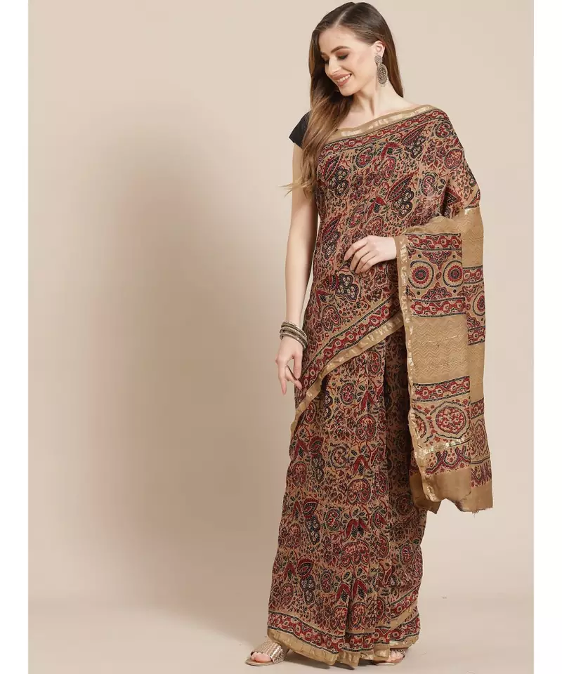 Ajrakh handcrafted on chanderi silk saree  with running blouse