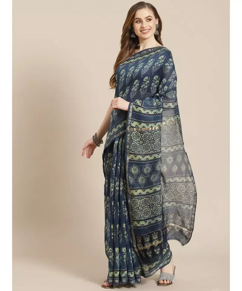 Ajrakh handcrafted on chanderi silk saree  with running blouse