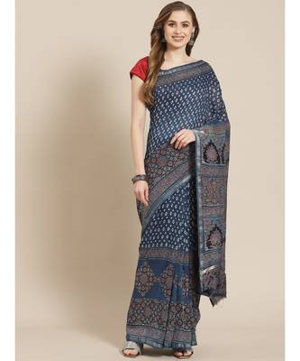 Ajrakh handcrafted on chanderi silk saree  with running blouse 1