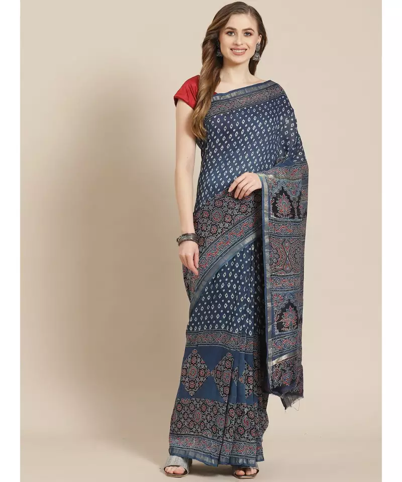 Ajrakh handcrafted on chanderi silk saree  with running blouse