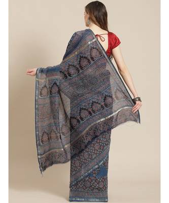 Ajrakh handcrafted on chanderi silk saree  with running blouse 2