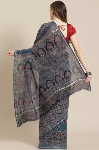 Ajrakh handcrafted on chanderi silk saree  with running blouse