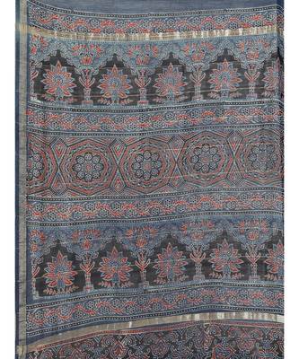 Ajrakh handcrafted on chanderi silk saree  with running blouse 3