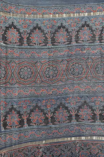 Ajrakh handcrafted on chanderi silk saree  with running blouse