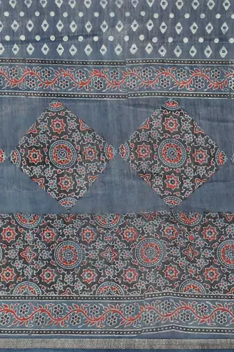 Ajrakh handcrafted on chanderi silk saree  with running blouse