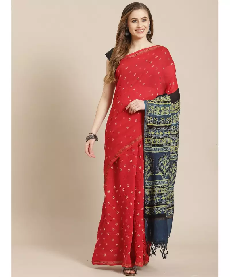 Ajrakh Bandhini handcrafted on chanderi silk saree  with running blouse