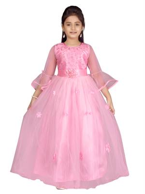 Pink embroidered net kids-girl-gowns 1