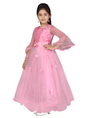 Pink embroidered net kids-girl-gowns 3