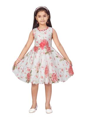 Red printed net kids-frocks 1