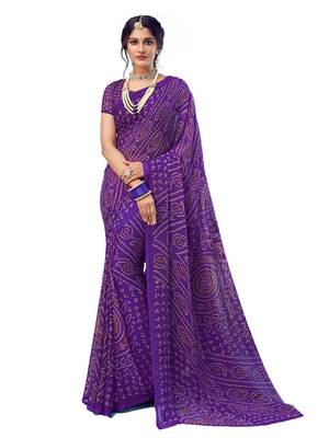 Purple printed chiffon saree with blouse 1