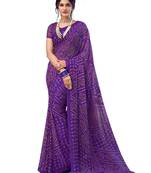 Purple printed chiffon saree with blouse