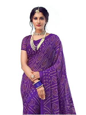 Purple printed chiffon saree with blouse 2