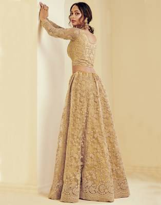 Golden embroidered net semi stitched lehenga 4