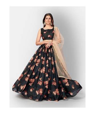 Black and Pink Printed Semi stitched Lehenga and Unstitched Blouse With Dupatta 1