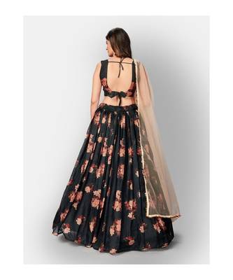 Black and Pink Printed Semi stitched Lehenga and Unstitched Blouse With Dupatta 2