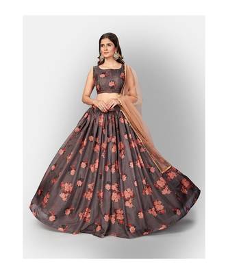 Brown and Orange Printed Unstitched Lehenga and Blouse With Dupatta 1