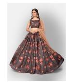 Brown and Orange Printed Unstitched Lehenga and Blouse With Dupatta