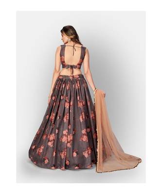 Brown and Orange Printed Unstitched Lehenga and Blouse With Dupatta 2
