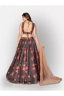 Brown and Orange Printed Unstitched Lehenga and Blouse With Dupatta