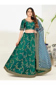Green and Blue Embroidered Semi stitched Lehenga and Unstitched Blouse With Dupatta