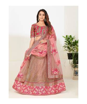 Pink and GoldToned Embellished Sequinned Semi stitched Lehenga and Unstitched Blouse With Dupatta 1
