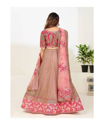Pink and GoldToned Embellished Sequinned Semi stitched Lehenga and Unstitched Blouse With Dupatta 2