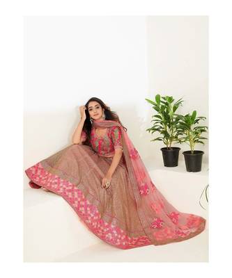 Pink and GoldToned Embellished Sequinned Semi stitched Lehenga and Unstitched Blouse With Dupatta 4