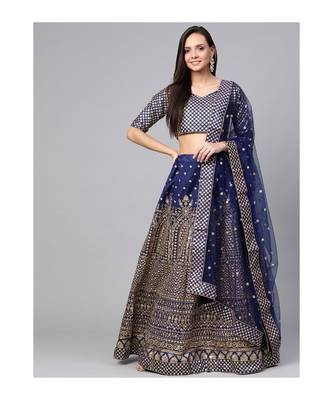 Navy Blue Embroidered Semi stitched Lehenga and Unstitched Blouse with Dupatta 1