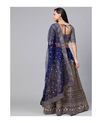 Navy Blue Embroidered Semi stitched Lehenga and Unstitched Blouse with Dupatta 2