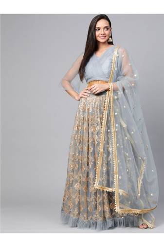 Grey and Golden Semi stitched Embellished Lehenga and Unstitched Blouse with Dupatta