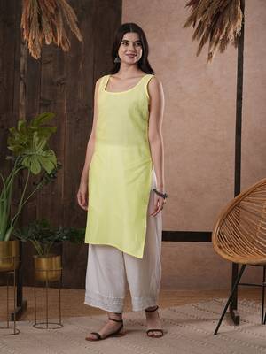 Hand Embroidered Lemon Kota Lucknow Chikankari Women Kurta With Slip 6