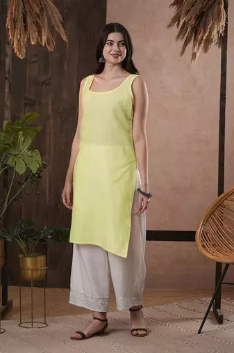 Hand Embroidered Lemon Kota Lucknow Chikankari Women Kurta With Slip
