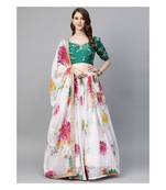 White and Green Zari Floral Print Semi stitched Lehenga and Blouse with Dupatta