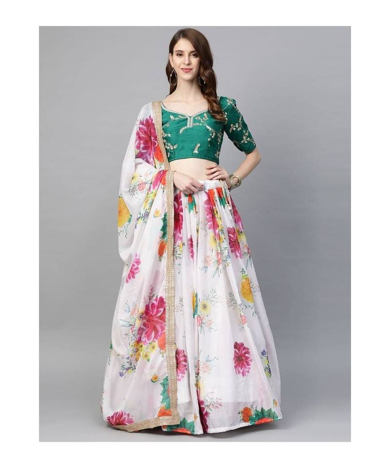 White and Green Zari Floral Print Semi stitched Lehenga and Blouse with Dupatta