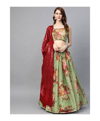 Green and Pink Floral Print Semi stitched Lehenga and Unstitched Blouse with Dupatta 1
