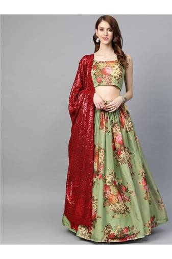 Green and Pink Floral Print Semi stitched Lehenga and Unstitched Blouse with Dupatta